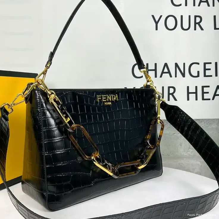 Cheap Crocodile Shoulder Fendi Black O'Lock Zip Bag Leather In 0509